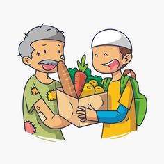 two men are holding a box full of vegetables