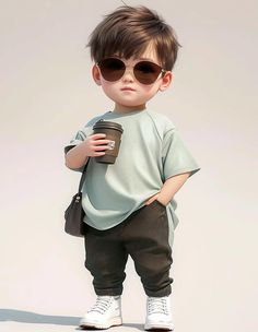 a little boy with sunglasses holding a coffee cup and looking at the camera while standing in front of a white background