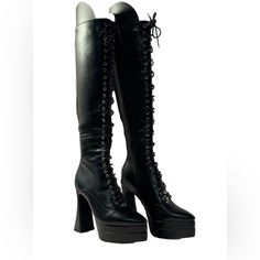 ~Nwot, Size 8, Sold Out Online ~Sexy Black Knee High Boots W/Vegan Leather Construction ~Pointy Toe, Lace-Up Front Detail & Inner Zip Closure ~Stacked Platform & Shaped Heel ~Rubber Upper, Eva Sole, Platform: 1.75”, Heel: 5.25”, No Box ~Smoke Free/Dog Friendly Home ~Poos Fcfs ~Bundling Encouraged, Also Can Pickup Or Meet Locally ~$68 (Reg $105, Sold Out) Or Best Offer Fitted Alternative Platform Boots For Fall, Fitted Alternative Style Platform Boots For Fall, Fitted Punk Platform Boots For Alternative Fashion, Punk Style Fitted Platform Boots For Winter, Fitted Alternative Platform Boots For Party, Fitted Alternative Style Platform Boots For Party, Punk Style Platform Boots For Winter Night Out, Edgy Fitted Platform Boots For Alternative Fashion, Punk Style Winter Platform Boots For Night Out