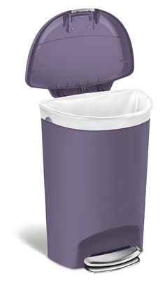 a purple trash can sitting on top of a white floor