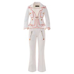 Dsquared2 Spring/Summer 2005 sailor-style white cotton suit (jacket + pants) with orange detailing and gold crabs appliques with swarovskis allover. Cropped jacket with mid length sleeves and hook closure, low-rise pants with back zipper and hook. Size 40 Jacket: -shoulder to shoulder: 38 cm / -total length: 43 cm / -sleeve length: 40 cm / Pants: - waistline: 76 cm / 29,9 inch - inseam: 72 cm / 28,3 inch -outseam: 90.5 cm / 35.6 inch - front rise: 18 cm/ 7 inch White Cotton Suit, Suit Outfit, Low Rise Pants, Sailor Fashion, Mid Length Sleeves, Crop Jacket, Primavera Estate, Appliques, Crab