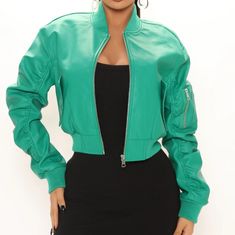 All Items Ship From Irving Tx Trendy Faux Leather Outerwear With Pockets, Spring Faux Leather Biker Jacket With Pockets, Green Leather Jacket With Pockets For Spring, Trendy Fall Leather Jacket With Faux Pockets, Trendy Faux Leather Jacket With Faux Pockets, Trendy Fitted Faux Leather Outerwear, Casual Green Fitted Leather Jacket, Casual Green Winter Biker Jacket, Fitted Faux Leather Outerwear For Spring