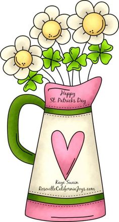 a pink and white vase filled with flowers