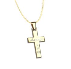 "This engraved gold cross necklace can be personalized on both sides of the pendant with monogrammed initials, a name or date. Our personalized cross pendant can be engraved to remember someone special. Personalize the pendant with a name, up to 10 characters across 10 down it can be engraved on the back of the cross. This high polished stainless steel pendant will never change color, corrode or fade. Stainless Steel Gold Cross Necklace Pendant DIMENSIONS: 0.79\" (20mm)1.38\" (35mm) How To Send Personalized Cross Necklace, Catholic Cross, Engraved Cross, Personalized Cross, Steel Cross, Gold Cross Necklace, Engraved Necklace, Stainless Steel Pendant, Engraved Items