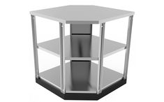 a white and black hexagonal shelf with two shelves on each side, in front of a white background