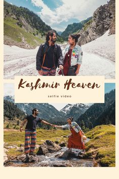 two people standing on top of a mountain next to each other with the words kashmin heaven above them