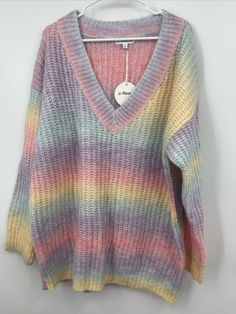 Macaron V Neck Ombre Oversized Pullover Sweater Sz XL NWT Rainbow Of Colors!. Armpit to armpit measures approximately Length is approximately Oversized Pullover Sweaters, Oversized Pullover, Macarons, Pullover Sweaters, Wool Blend, V Neck, Wool, Knitting, Crochet