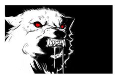 a white wolf with red eyes and fangs on it's face is standing in front of a black background