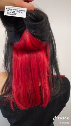 Bright Red Underneath Hair, Black Red Peekaboo Hair, What Colors Go Best With Blonde Hair, Brown Hair On Top Red Underneath, Bright Red Peekaboo Hair, Red To Black Hair Ombre, Bottom Half Red Hair, Black Hair Red Peekaboo, Fun Hair Color Ideas For Brunettes Red