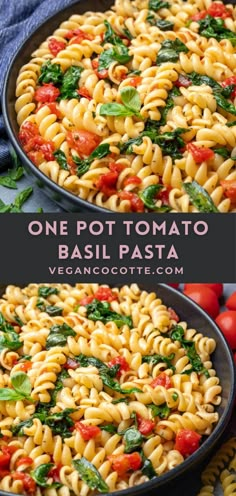 one pot tomato basil pasta in a skillet with tomatoes and spinach on the side