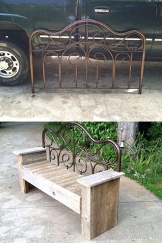 two photos side by side one with a bench and the other with a bed frame