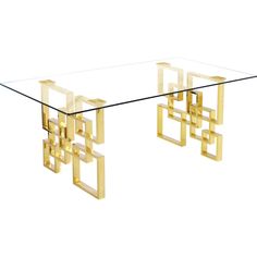 a glass table with gold metal legs and an abstract design on the top, against a white background