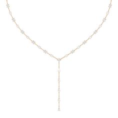 A perfect match for a busy woman's lifestyle! This diamond station lariat necklace is a versatile piece that can be worn with many different outfits. It has a Y-shaped chain adorned with prong-set diamonds that are evenly spaced for a clean look. The rounded upper part of the necklace features round and princess-cut diamonds while the linear drop that forms the Y tail has pear-cut diamonds. Pear Cut Diamond, Elegant Necklace, Station Necklace, Of Outfits, Women Lifestyle, Elegant Necklaces, Different Outfits, Lariat Necklace, Princess Cut Diamonds