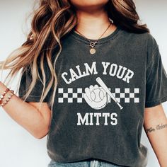 Get ready to fall in LOVE with your new Calm Your Mitts retro baseball printed comfort colors t-shirt. It's the cutest and most comfortable way to wear the latest styles, and also makes a great gift.  * PRODUCT DETAILS * ✺ 100% Cotton ✺ Medium weight fabric  ✺ Wash and dry normally (on cool for best results) ✺ Designed and printed in the USA ✺ Due to different monitor screens, colors may vary ✺ * SIZING * ✺ FOR AN OVERSIZED FIT, SELECT TWO OR THREE SIZES UP FROM YOUR NORMAL SIZE ✺ ✺ Sizing is un Funny Baseball Shirts, Baseball Game Outfit, Funny Sports Shirts, Baseball Shirt Designs, Funny Baseball, Game Outfit, Pun Shirts, Retro Baseball, Baseball Humor