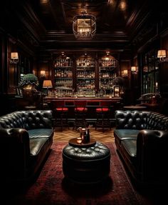 a dimly lit bar with leather couches and stools