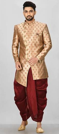 Gold color Dhoti Kurta in Jacquard fabric with Broches, Weaving work Ceremonial Sherwani With Zari Weaving, Formal Sherwani With Zari Weaving In Traditional Drape, Formal Gold Banarasi Silk Traditional Wear, Formal Brocade Set With Zari Weaving, Elegant Wedding Bandhgala With Zari Weaving, Elegant Sherwani With Zari Weaving For Wedding, Traditional Bandhgala With Zari Weaving For Wedding, Gold Art Silk Sherwani With Cutdana, Gold Art Silk Sherwani With Traditional Drape