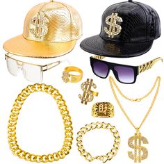 PRICES MAY VARY. ★【80s 90s Rapper Accessories】- Our 80s 90s accessories outfit includes 2pcs dollar sign hip hop hat, 1pcs dollar pendant faux gold chain, 1pcs 35 inch fake gold plastic chain, 1pcs faux gold bracelet, 1pcs faux gold dollar sign finger ring, 1pcs kanji gold plated ring, 1pcs faux gold rapper ring, 2pcs unisex hip hop sunglasses. our funny rapper costume set for your 80s/ 90s dress up and they are great prop for a costume or specific outfit. ★【Faux Plastic Gold Necklace】- The rapp Affordable Hip Hop Beanie Hat, Novelty Plastic Costume Accessories For Party, Punk Style Gold Jewelry For Streetwear, Novelty Party Costume Accessories Made Of Plastic, Gold Adjustable Costume Accessories For Costume Party, Gold Adjustable Costume Accessories For Party, Gold Metal Jewelry For Costume Party, Silver Plastic Jewelry For Party, Adjustable Gold Costume Accessories For Festivals