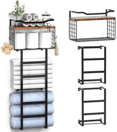 three shelves with towels and other items on them