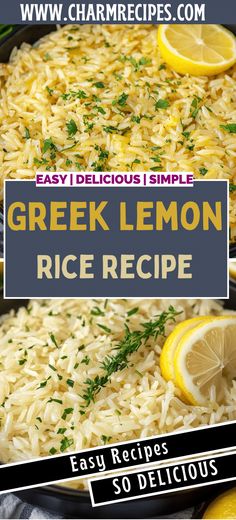 greek lemon rice recipe in a skillet with lemons and parsley on the side