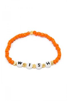 Personalized Orange Round Bead Jewelry, Orange Bracelets With Letter Beads, Orange Stretch Bracelet With Letter Beads, Orange Beaded Friendship Bracelets With Letter Beads, Orange Bracelets With Letter Beads As Gift, Orange Letter Beads Friendship Bracelets, Orange Bracelets With Letter Beads For Gift, Orange Letter Beads Bracelet As Gift, Friendship Jewelry With Letter And Heishi Beads