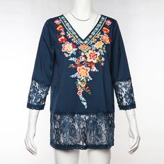 Women's Blouse Top Embroidery Floral V-Neck Lace Patchwork Ladies Blouse Bohemian V-neck Blouse With Embroidered Hem, Summer V-neck Top With Geometric Embroidery, Multicolor Floral Embroidered V-neck Top, Summer Floral Embroidered Long Sleeve Lace Top, Bohemian V-neck Blouse With Multicolor Embroidery, Summer Long Sleeve Lace Top With Floral Embroidery, Summer Embroidered V-neck Top, Spring V-neck Tunic With Embroidered Neckline, Embroidered V-neck Top For Summer