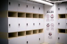 lockers are lined up against the wall with rules on them