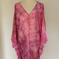 Hand Painted Ombre Silk Caftan. One Of A Kind And Versatile For Casual Or Formal Occasions. This Will Fit Multiple Sizes. You Can Alter The Side Seam To Make It More Fitted If Desired. Easy Care, Machine Wash On Delicate, Cold Water Gentle Detergent Or Shampoo And Hang Dry. Camilla Style Beach Caftan Kaftan Maxi Dress Resort Wear Runway Summer Holiday. Tie Dyed Pink Blue Purple Peach Bohemian Designer Beach Party Or Lounge Wear Travel Boho Jetset Gypset Holiday Festival Beach Pool Party Bohemian Purple Cover-up For Beach Season, Bohemian Purple Tunic For Spring, Purple Bohemian Tunic For Spring, Purple V-neck Kaftan For Beach Cover-up, Purple V-neck Kaftan For Beach, Purple V-neck Kaftan For Festival, Summer Purple Tunic Kaftan, Purple Kaftan For Summer Beach Cover-up, Purple Tunic Kaftan For Summer