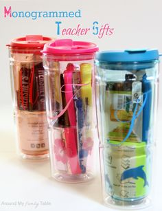 three clear cups with colorful pens and pencils in them on a white surface, the one is labeled monogrammed teacher gifts