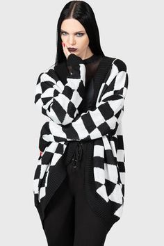 Your Move Cardigan Checkerboard Clothes, Edgy Office Outfit, Corp Goth Work Outfits, Distorted Checkerboard, Comfy Goth Outfits, Business Casual Goth, Goth Business Casual, Modest Goth, Indie School Outfits