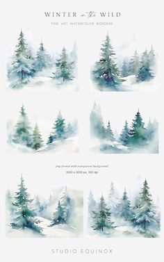 the watercolor painting process is being used to create this winter scene with pine trees