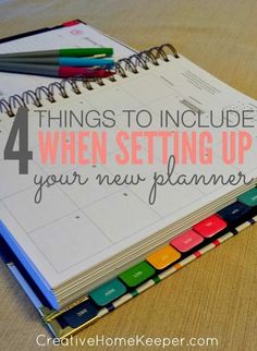 a notebook with the words 4 things to include when setting up your new planner on it