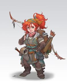 a cartoon character with red hair holding an arrow and bow in one hand while standing next to another