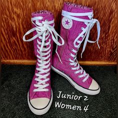 Rare Vintage Converse All Star Chuck Taylor X-Hi Tall Calf Knee High Sneakers Boots. These Are Pink Calf High Goth Punk Shoes. They Have A Vibrant Cute Glittery Pink Accent. The Laces Have 4 New Shoelaces, Each Shoe Has 2 Laces Attached. These Are In Good Clean Pre-Owned Condition. Rare Discontinued Hard To Find Style. Junior 2 Womens 4 Smoke Free Home. Bundle And Save I Have Many Other Converse Shoes Listed On My Page. Please Take A Look :) Scene Shoes, Knee High Sneakers, Scene Clothes, Knee High Converse, Cool Converse, Pink Chucks, Converse Boots, Happy Monster, Find Style