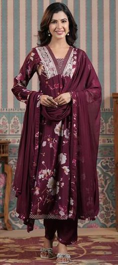 Purple and Violet color Salwar Kameez in Chanderi Silk fabric with Floral, Printed, Resham, Thread work Luxury Purple Art Silk Salwar Kameez, Embroidered Purple Salwar Kameez In Chinon, Unstitched Purple Salwar Kameez With Printed Motifs, Festive Purple Silk Salwar Kameez, Purple Floor-length Chanderi Salwar Kameez, Semi-stitched Purple Chinon Salwar Kameez, Eid Special, Salwar Kameez Designs, Thread Work