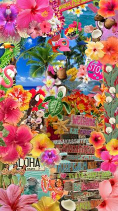 a collage of flowers and palm trees with the words aloha on it