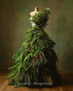 a dress made out of plants and feathers