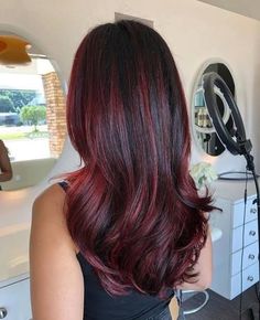 Dark Red Balayage Straight Hair, Dark Red Hair With Lowlights, Red Baby Lights, Red Lowlights In Black Hair, Red For Brunettes, Wine Highlights On Dark Hair, Red Hair With Lowlights Dark, Dark Red Highlights On Dark Hair, Cherry Highlights On Dark Hair