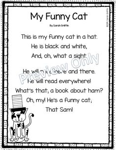 a funny cat poem for kids to use in their classroom or playroom, with the words'my funny cat'on it