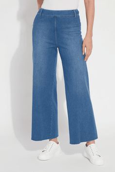 Made from 4-way stretch knit denim, these high-waisted, wide-leg pants feature a concealed patented waistband, back patch pockets with a center back gunmetal stud, beltloops and topstitching. Offering an extra-wide leg without side seams, the Erin High Waist Denim showcases a cropped, ankle length and raw-edge hem that’s simple to shorten. Denim On Denim Looks, High Waisted Wide Leg Jeans, Denim Baby, High Waist Wide Leg Pants, Knit Denim, Wide Leg Cropped Pants, Chambray Shirt, Back Patch, Wide Leg Denim