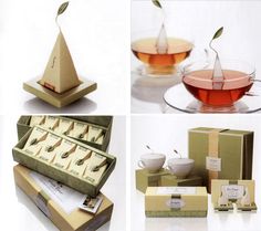 four different boxes with tea and cups in them