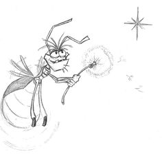 a black and white drawing of a cartoon character with a dandelion in his hand