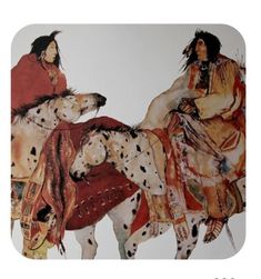 two native americans riding horses with dalmatian dogs on their backs and one man sitting on the horse