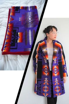 Blanket Capote Patterns, Diy Wool Blanket Coat, Blanket Coat Pattern Diy, Diy Coat From Blanket, How To Make A Coat From A Blanket, Jackets Made From Blankets, Jacket From Blanket Diy, Wool Poncho Pattern Sewing, Coat Made From Wool Blanket