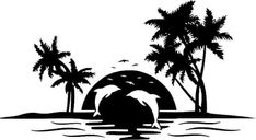 an island with palm trees and a dolphin swimming in the water, black and white