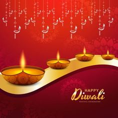 happy diwali greeting card with candles and hanging chandelier on red background