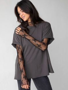 We're OBSESSED with the sheer, lace details! Looks sooo cute under our sweaters, dresses, and jumpsuits! Sheer Long Sleeve Top Under Shirt, Sheer Sleeves Top Outfit, Sheer T Shirt Outfit, Lace Long Sleeve Under Shirt, Sheer Top Layering Outfit, Lace Top Under Shirt, Lace Undershirt Outfit Long Sleeve, Mesh Long Sleeve Top Outfit Layered, Lace Layering Top Outfit