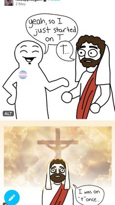 two cartoon images one with jesus and the other saying it's just started