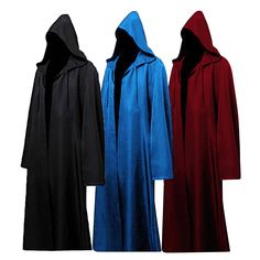 three different colored cloaks with hoods on each side and one in the middle