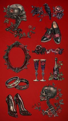 a red background with many different types of shoes and accessories on it's sides