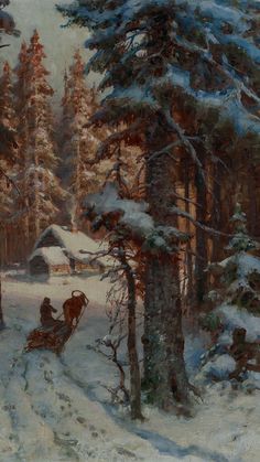 a painting of people in the snow near trees